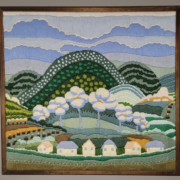 Vintage Longstitch Needlepoint/Crewel Embroidery "In The Happy Valley" Framed - Picture 1 of 7